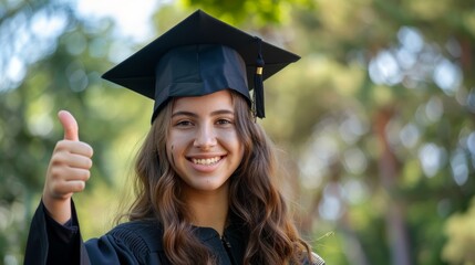 Wall Mural - College graduation and girl's thumbs-up campus image for success, award, and certificate ceremony. School, college, and joyful female graduate with goal-setting hand sign.