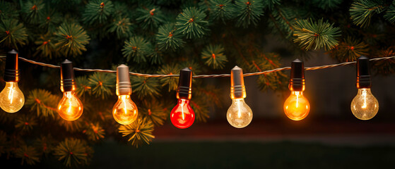 Wall Mural - Retro garland with light bulbs hanging on the tree