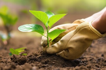 A close-up photo of a pair of hands wearing gardening gloves planting a vibrant green seedling in the soil. Gardening and hobby concept.