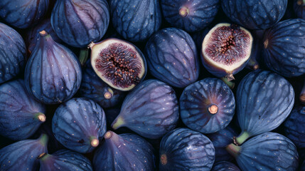 Wall Mural - A heap of fresh, dark purple figs, some split open to reveal their succulent, seeded interiors, showcasing nature’s intricate beauty and delectable offerings.