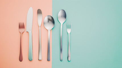 Wall Mural - Stylish set of metal cutlery displayed on a pastel split background, featuring knives, forks, and spoons in a minimalist arrangement showcasing simplicity and elegance.