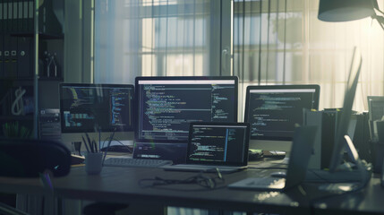 modern workspace featuring multiple monitors displaying codes, epitomizing a tech-savvy environment 
