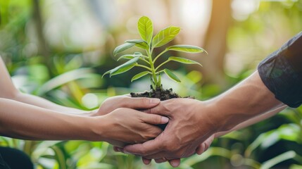 Two hands holding a small plant with green leaves.