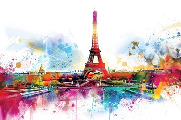 Watercolor Aesthetics of the Eiffel tower with colorful sunset in the background