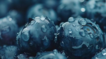 Wall Mural - Close-up of dew-covered blueberries, capturing their deep blue color and the freshness of the morning mist.