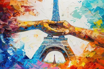 Watercolor Aesthetics of the Eiffel tower with colorful sunset in the background