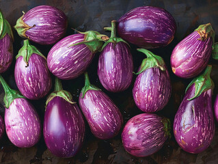 Wall Mural - Freshly Harvested Purple Eggplants Arranged Neatly on a Dark Surface Under Natural Light