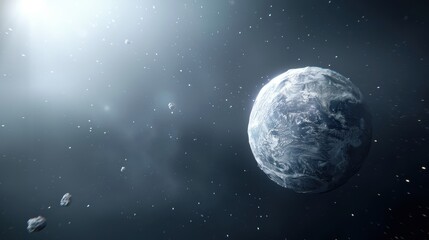 Wall Mural - A planet is shown in the sky with a lot of space debris around it. The planet is surrounded by a lot of space debris, which gives the image a sense of chaos and destruction