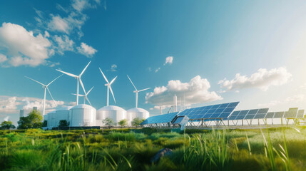 A harmony of renewable energy sources with wind turbines and solar panels under a clear, bright sky, showcasing sustainable energy production.