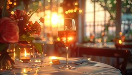 Wall Mural - Elegant Restaurant Table: Wine Glass and Appetizers on the Bar Table, Soft Light and Romantic Atmosphere, Dinner, Wedding Service Menu,