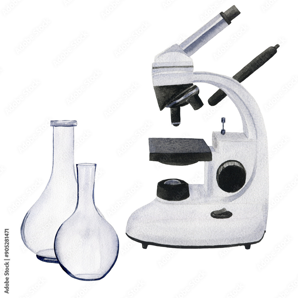 Watercolor microscope and two flasks. Hand drawn illustration isolated ...