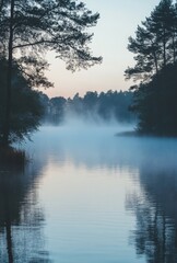 Sticker - A serene lake partially obscured by early morning fog, with mist gently rising from the water's surface and trees faintly visible in the background