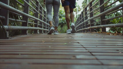 Two people walking together on a wooden bridge surrounded by lush greenery.