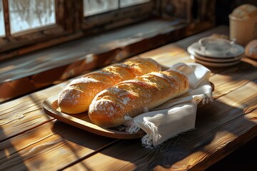 set freshly baked homemade bread in the kitchen table