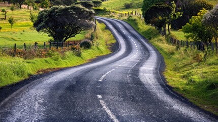 Wall Mural - Winding Country Road Through Lush Green Fields