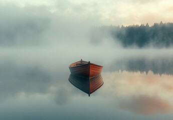 Wall Mural - An early morning foggy lake with a lone boat drifting silently on the water, surrounded by the soft haze and muted colors