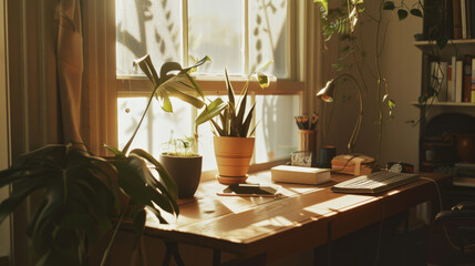 Sticker - A sunlit desk by the window with various plants, books, and a laptop, creating a warm, productive workspace.