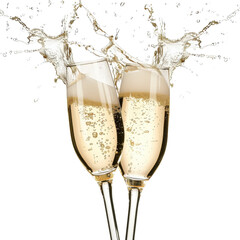 Two champagne glasses clinking, celebrating a joyful occasion with splashes and bubbles in a festive, lively atmosphere.