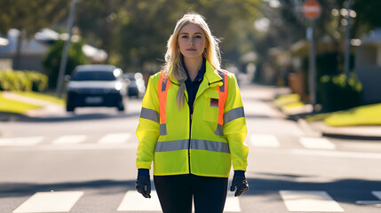 Wall Mural - Blonde Crossing Supervisor in Hi-Vis at Zebra Crossing