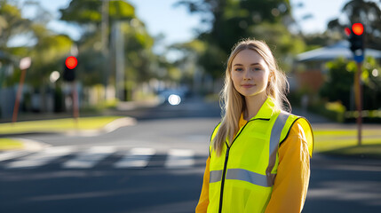 Wall Mural - Blonde Crossing Supervisor in Hi-Vis at Zebra Crossing