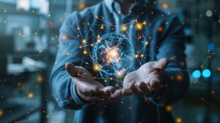 Wall Mural - A businessman in modern attire holds a digital Earth, symbolizing global connections, against a blurred urban backdrop. High-tech vibes are prevalent.
