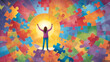 © Klymentii - Person assembling a large, colorful puzzle with a radiant sun, symbolizing the completion of their motivational journey. Hard work, passion, perseverance, and creativity