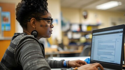 Blind person using assistive screen reader technology on laptop computer