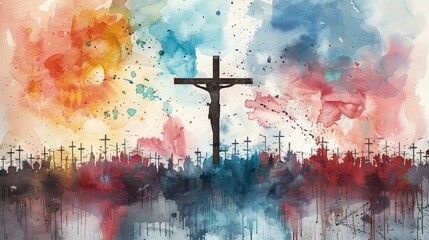 Canvas Print - watercolor painting of Jesus Christ on the cross, surrounded by a field of crosses. The background is a colorful abstract sky, blending hues of hope and sorrow.