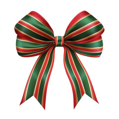 Wall Mural - Festive Christmas bow with red and green striped satin ribbons and central gold stripes on a transparent background