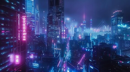 A futuristic city with glowing neon lights and a bridge.