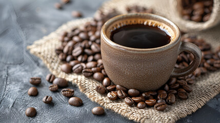 Wall Mural - Close-Up of Aromatic Black Coffee Cup with Coffee Beans on Gray Background