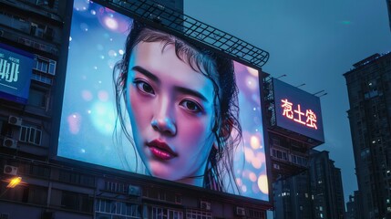 Wall Mural - led billboards with a young cyber girl on a city night