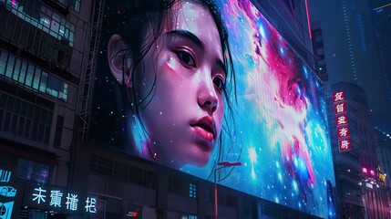 Canvas Print - led billboards with a young cyber girl on a city night