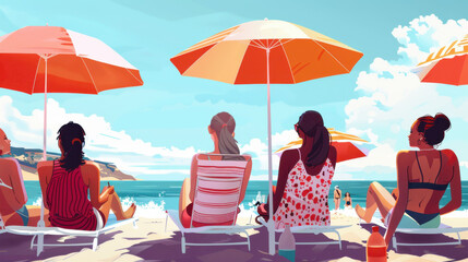 A diverse group of young women from various nationalities relaxing on beach loungers under umbrellas, enjoying the sunny day.