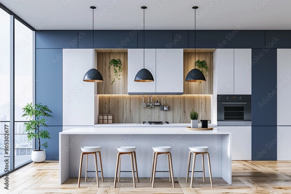 Modern white and blue kitchen with wooden details and parquet floor ...