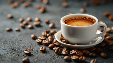 Wall Mural - Close-Up of Aromatic Black Coffee Cup with Coffee Beans on Gray Background