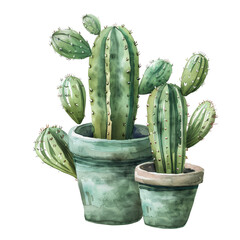 Wall Mural - Set of Watercolor green cactus plants, brown pots with flower illustration on transparent background background