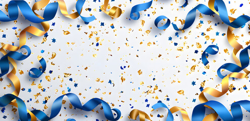 Colorful yellow and blue confetti with ribbons on a white background. 