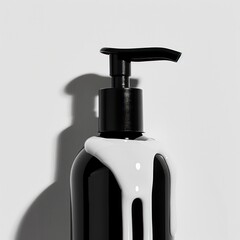 white milky liquid dripping down dark soap bottle isolated on a light background