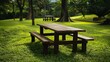 © The Little Hut - Park Picnic table bench rest relax outdoors Benches and tables on green grass in recreational area : Generative AI