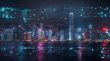 Fototapete - Smart network and Connection technology concept Hong Kong digital city background at night in victoria harbour Cyberpunk color style Panorama view : Generative AI