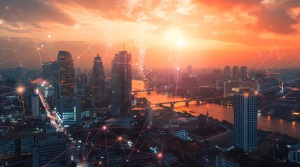 Poster - Wireless network and Connection technology concept with Abstract Bangkok city background : Generative AI