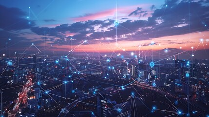 Fototapete - Global connection and the internet network modernization in smart city  Concept of future 5G wireless digital connecting and social media networking : Generative AI