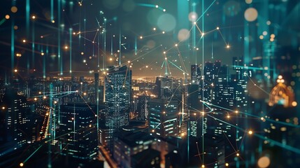 Fototapete - Wireless network and Connection technology concept with Abstract buildings and city background : Generative AI