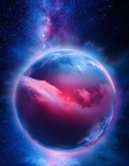 Wall Mural - glowing glass orb with vibrant and swirling clouds of blue and purple hues. mist on dark background