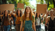 © Зайцева Ирина - A vibrant group of young activists passionately marching down a street, holding blank signs in their hands. The focus is on a joyful young woman in the foreground, leading the group with a bright smil