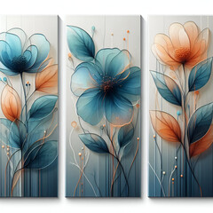 Wall Mural - Three abstract botanical wall painting panels featuring orange and blue translucent flowers