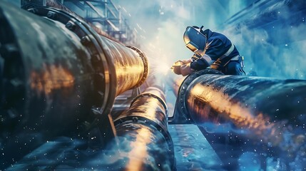 Aufkleber - Industrial 40 Digital Visualization Concept Heavy Industry Welder Working Welding Inside Pipe Construction of NLG Natural Gas and Fuels Transport Pipeline Future of Clean Green Power a : Generative AI