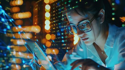 Fototapete - Software coding hologram and woman on tablet thinking of data analytics digital technology and night overlay Programmer or IT person in glasses on 3d screen programming and cybersecuri : Generative AI