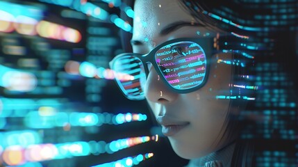 Software data hologram and woman with code analytics information technology and gdpr overlay Programmer coding or IT person in glasses reading html script programming and cyber securit : Generative AI